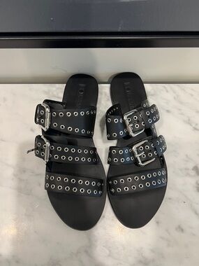 Sol Sana Black Triple-Grommet Buckle Slide Sandals